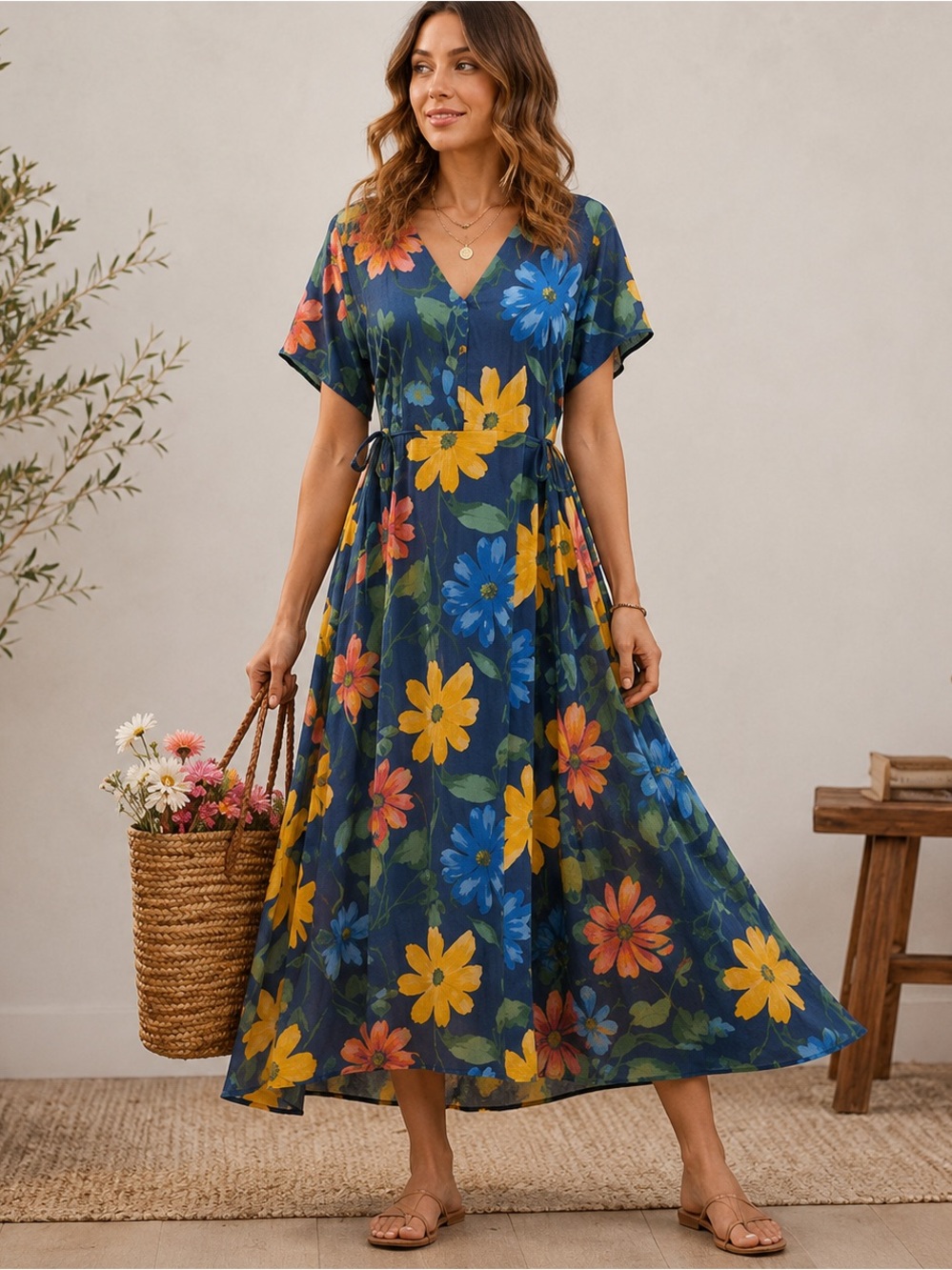 Blue Floral Boho Maxi Dress Tie Waist Cottagecore Rayon